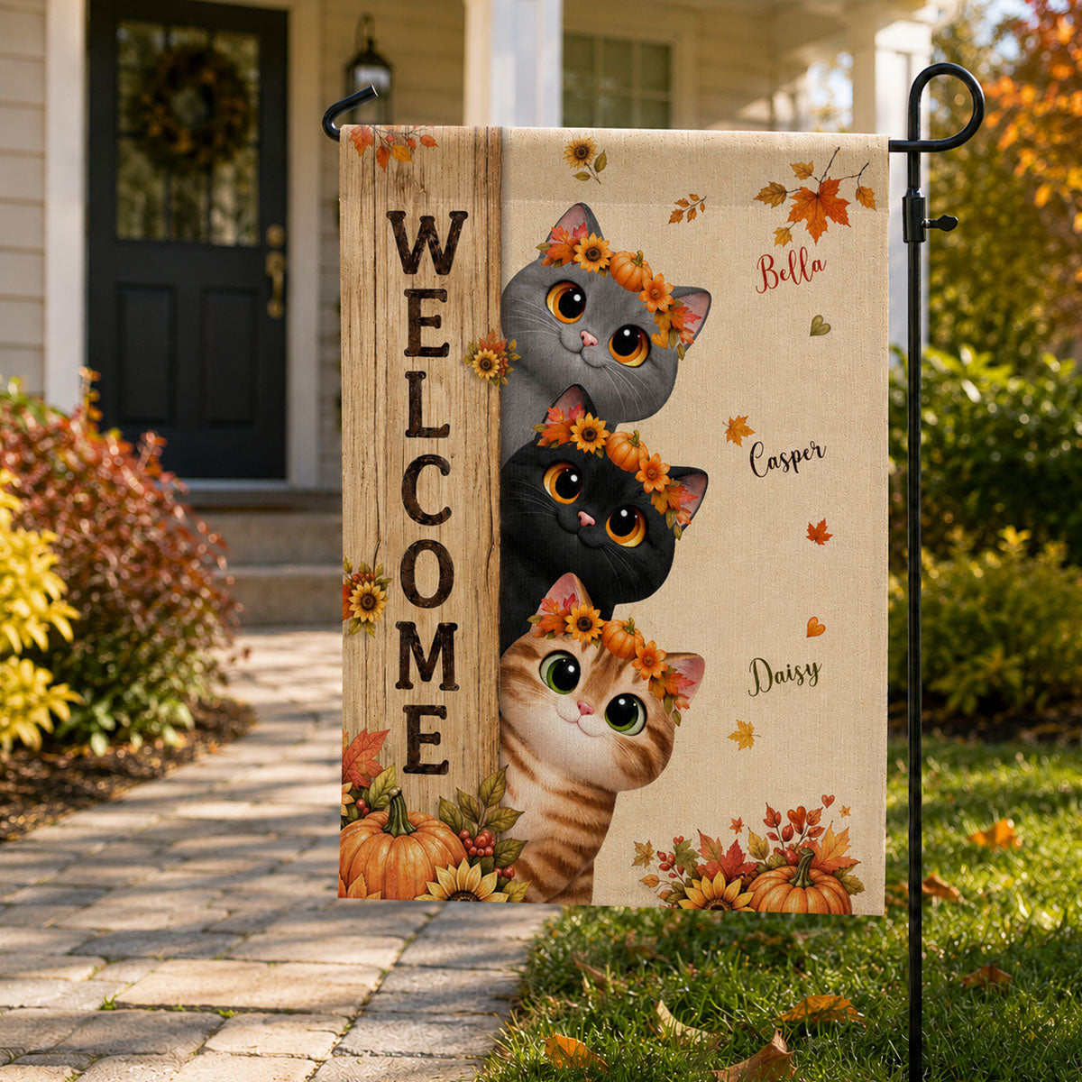 Welcome Cozy Fall Cat - Personalized Garden Flag - Fall Season Decoration, Gift For Cat Lovers