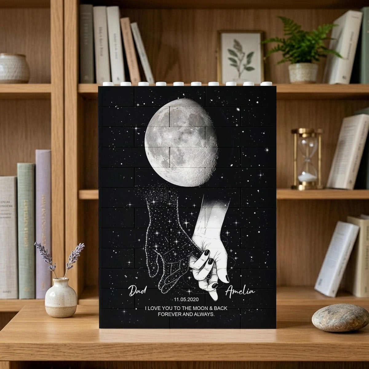 Holding Hands Moon Phase Galaxy Art - Personalized Brick Block