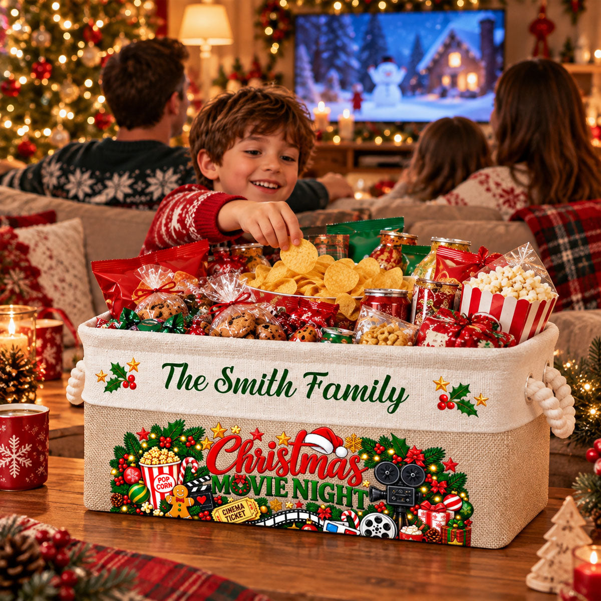 Christmas Movie Night Basket - Supplies Snack Storage Basket With Handles - Personalized Storage Basket