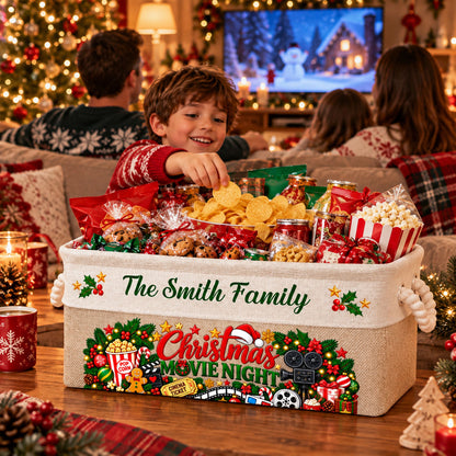 Christmas Movie Night Basket - Supplies Snack Storage Basket With Handles - Personalized Storage Basket