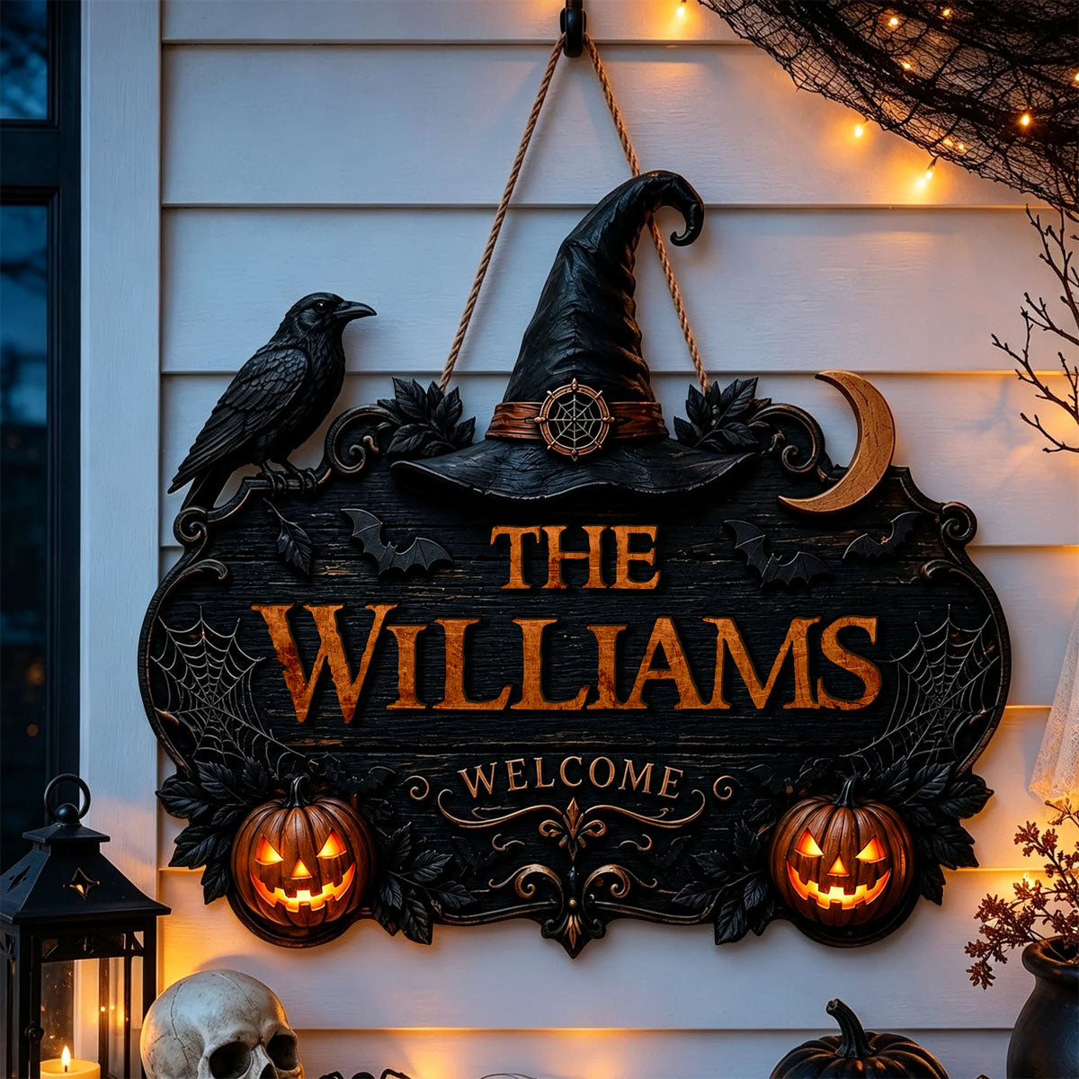 Halloween Witch Welcome Personalized Door Sign – Custom Family Name Porch Decor