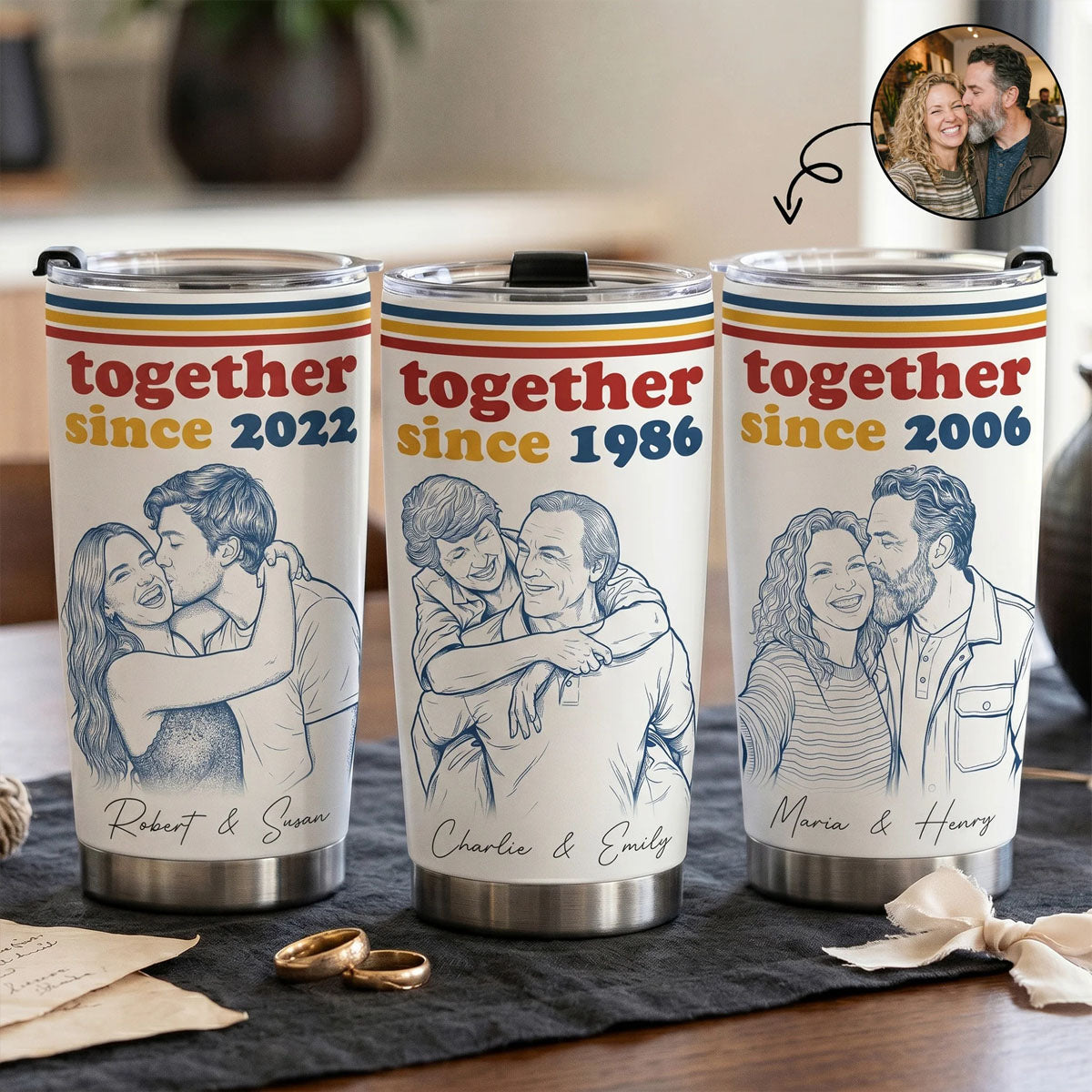 Together Since Custom Photo Sketch Line Art - Personalized Tumbler - Anniversary Gift For Him, Her