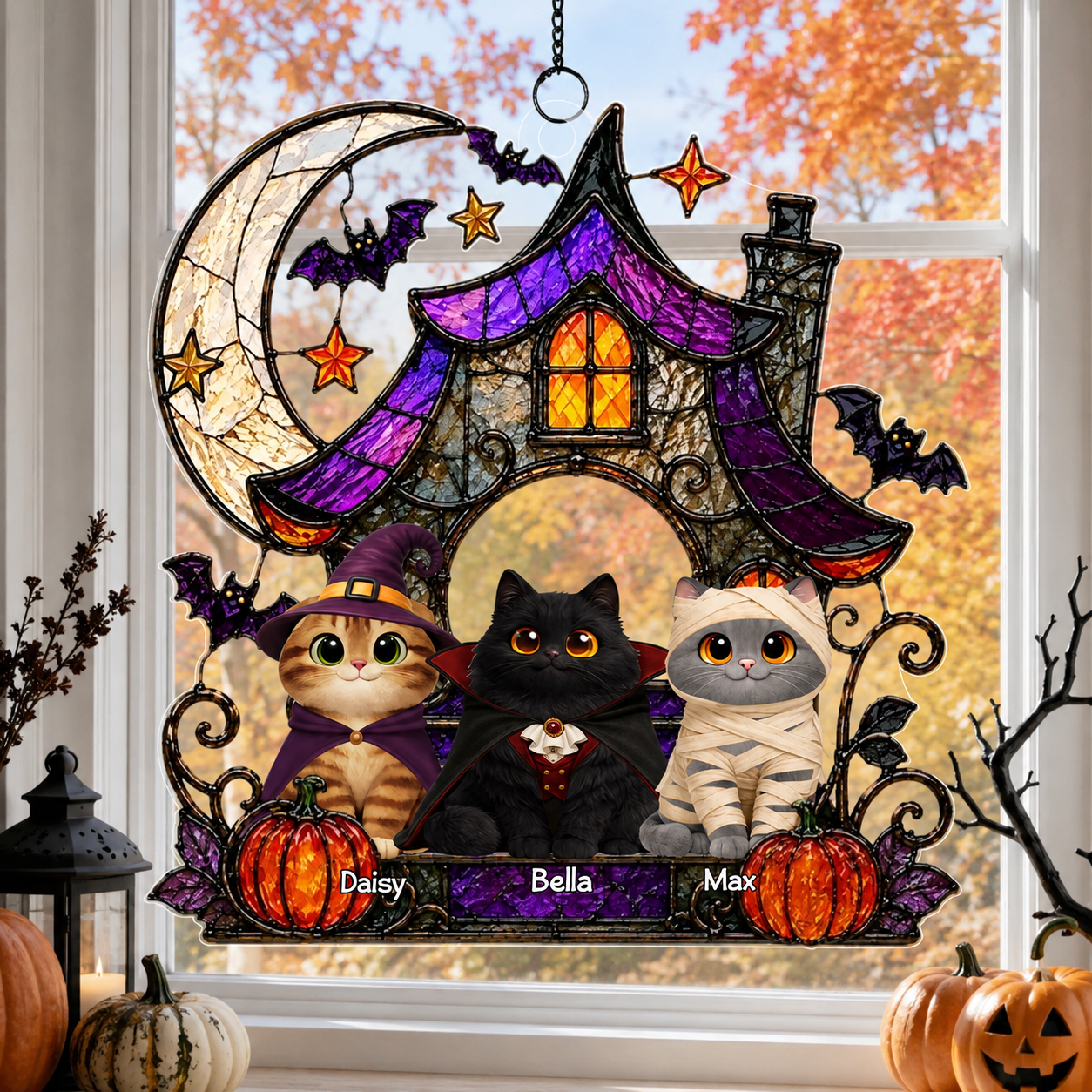 Halloween Haunted House Spooky Cats - Personalized Acrylic Suncatcher - Halloween Gift For Cat Lovers, Halloween Decor