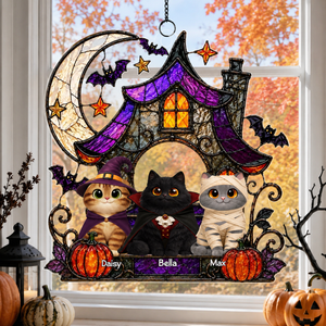 Halloween Haunted House Spooky Cats - Personalized Acrylic Suncatcher - Halloween Gift For Cat Lovers, Halloween Decor