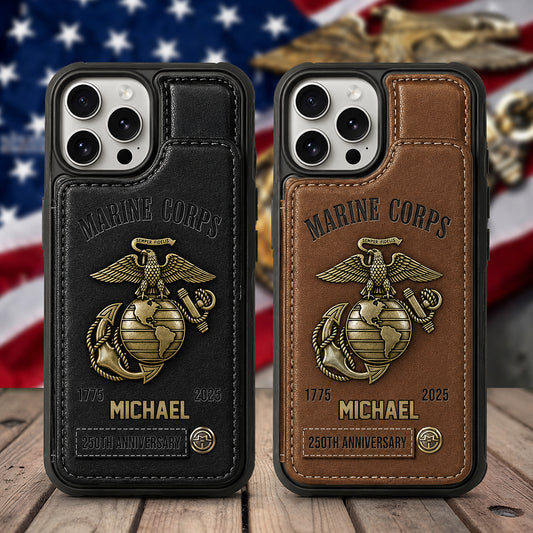 Personalized USMC 250th Anniversary Leather Wallet Phone Case