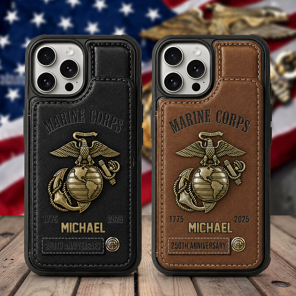 Personalized USMC 250th Anniversary Leather Wallet Phone Case