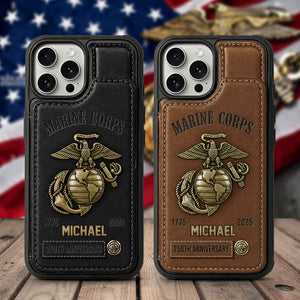 Personalized USMC 250th Anniversary Leather Wallet Phone Case
