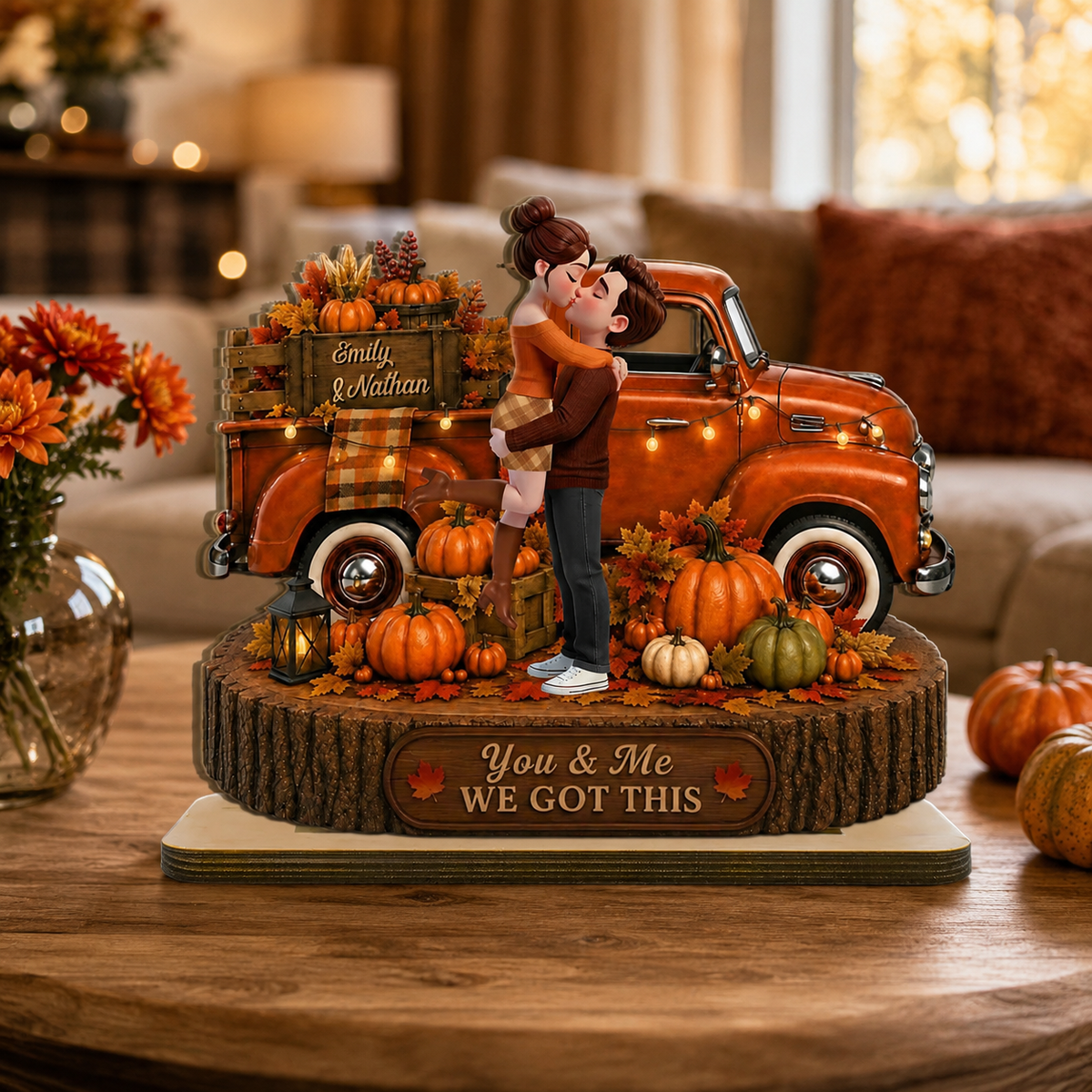 Fall Season Couple Pickup Truck - Personalized Wooden Plaque - Fall Season Decor Gift, Gift For Couple