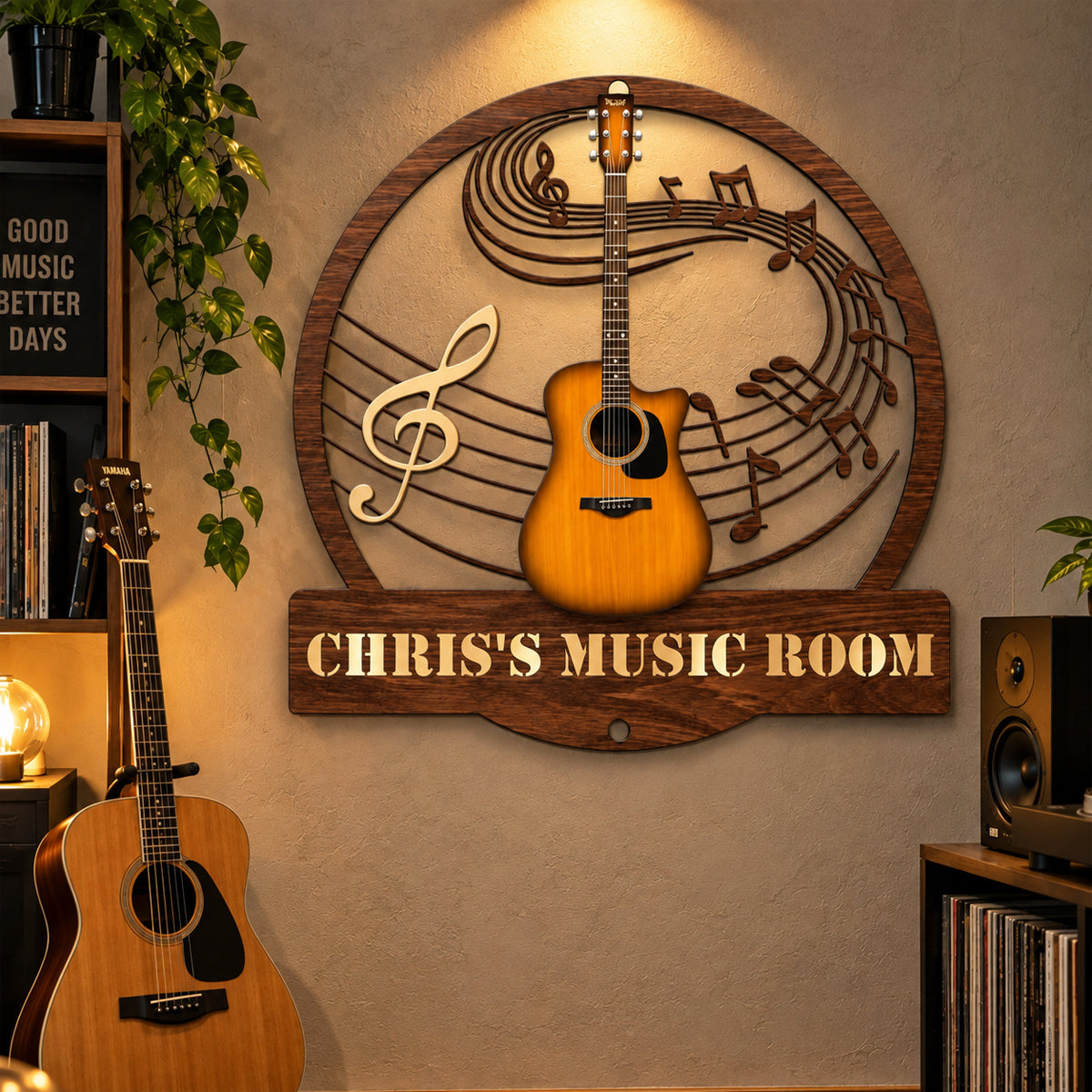 Guitar Music Room, Custom Name & Guitar Type - Personalized Cut Metal Sign