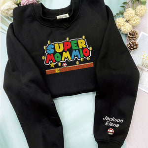 Super Mommio With Kids Name Embroidered Shirt