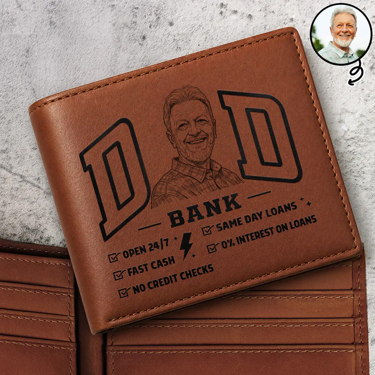 Custom Photo Bold Sketch Dad Bank Funny Always Open Fast No Interest - Personalized Leather Wallet