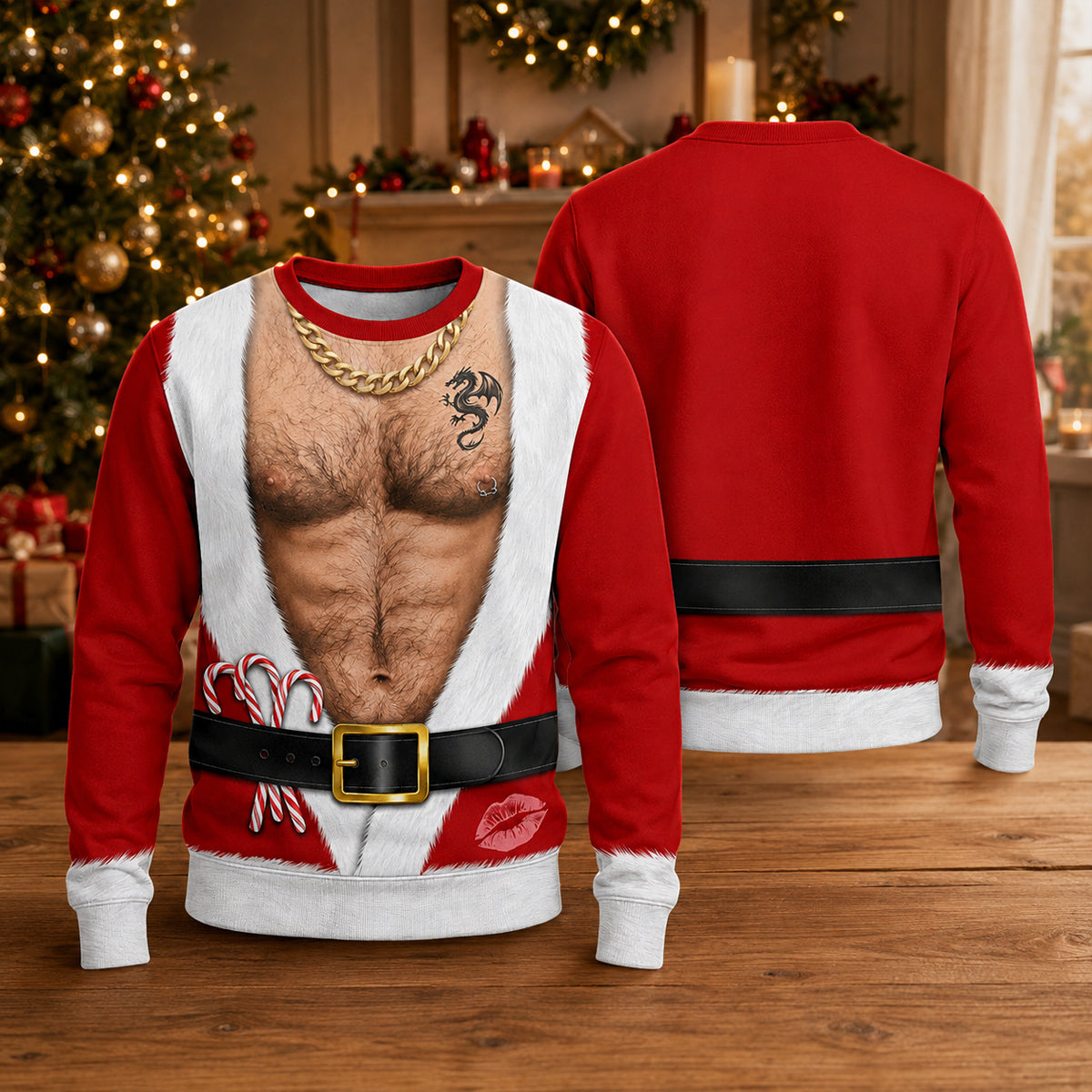 Santa Fake Abs Hairy 3D Sweatshirt, Funny Santa Claus Ugly Christmas Sweatshirt, Gag Gift for Husband, Cute 3D Holiday Sweater