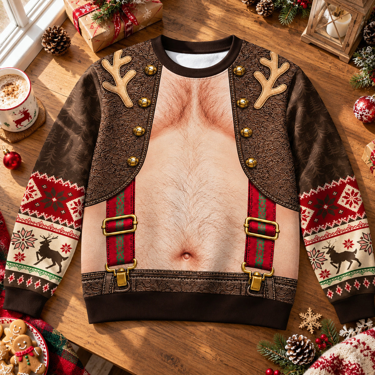 Funny Hairy Belly Christmas Sweatshirt, Fake Open Vest and Suspenders Ugly Christmas Sweater, Hilarious Holiday Party Gift for Men