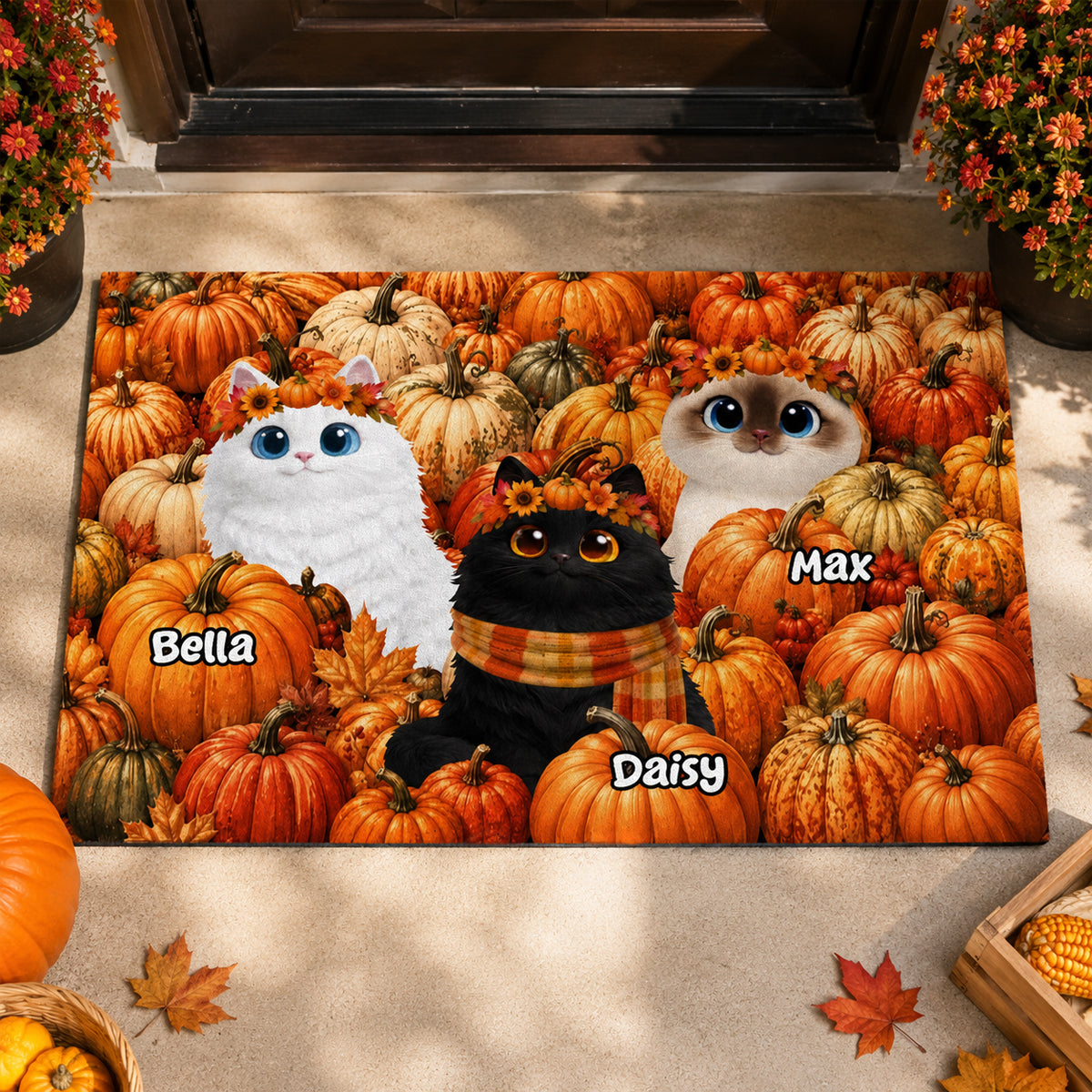 Fall Season Cute Cats In Pumpkin Patch - Personalized Doormat - Fall Decor For Cat Lovers