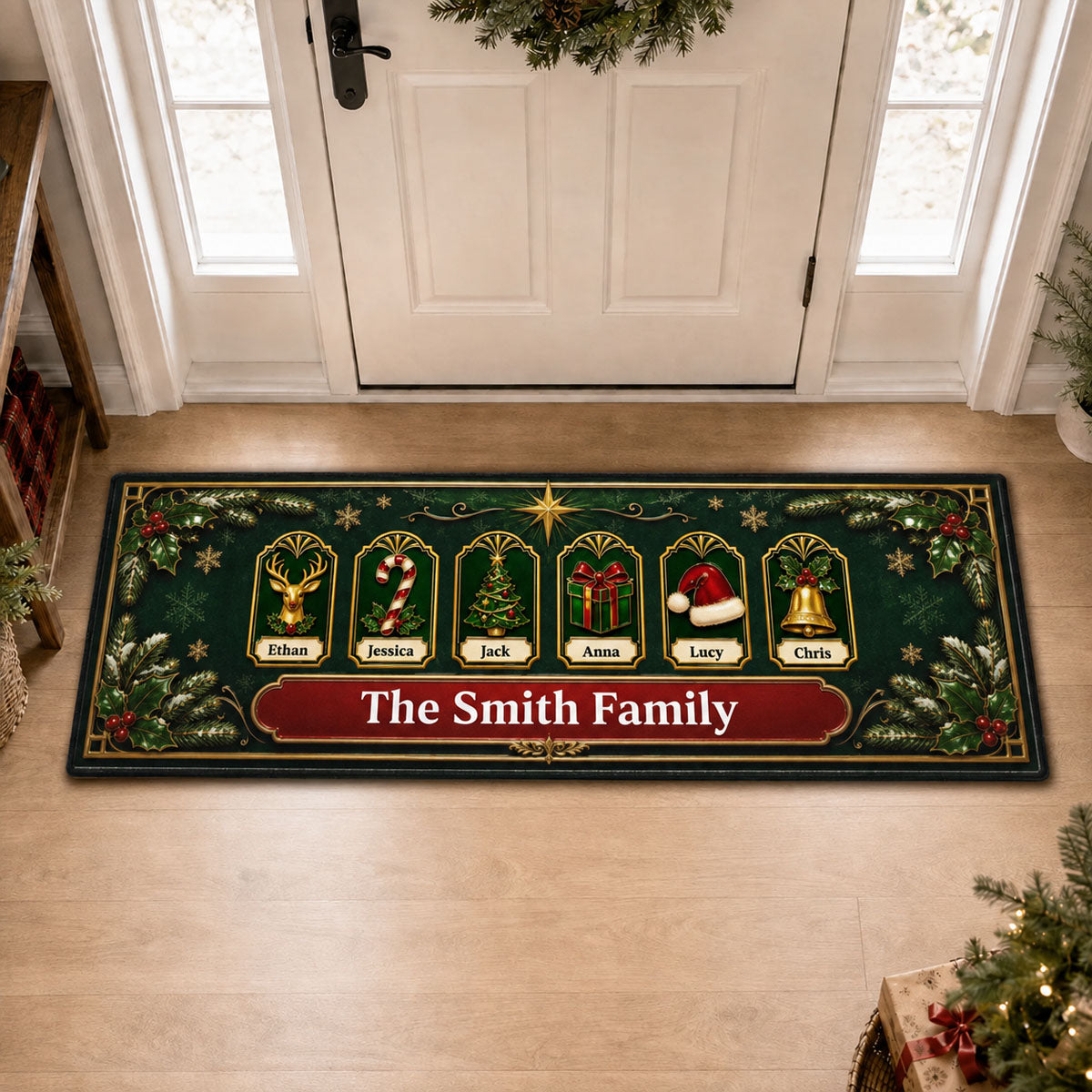 Jolly Jingle Gift Hat Runner Rug, Personalized Holiday Kitchen Mat, Home Xmas Gift