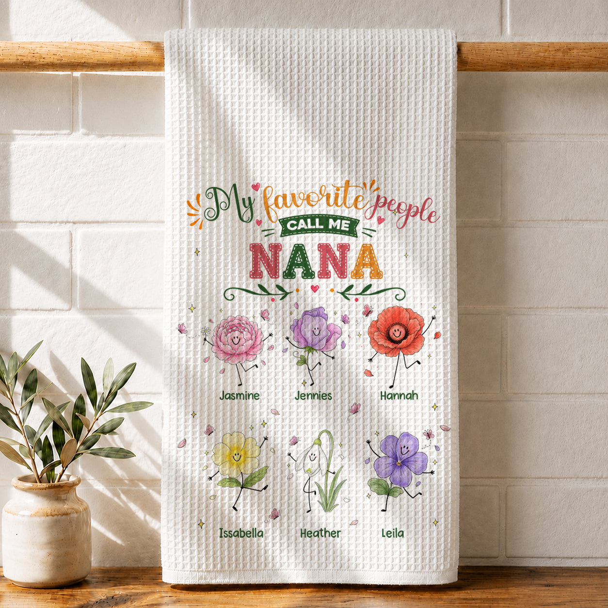 My Favorite People Call Me Grandma Cute - Personalized Name Waffle Weave Kitchen Towel, Housewarming Gift
