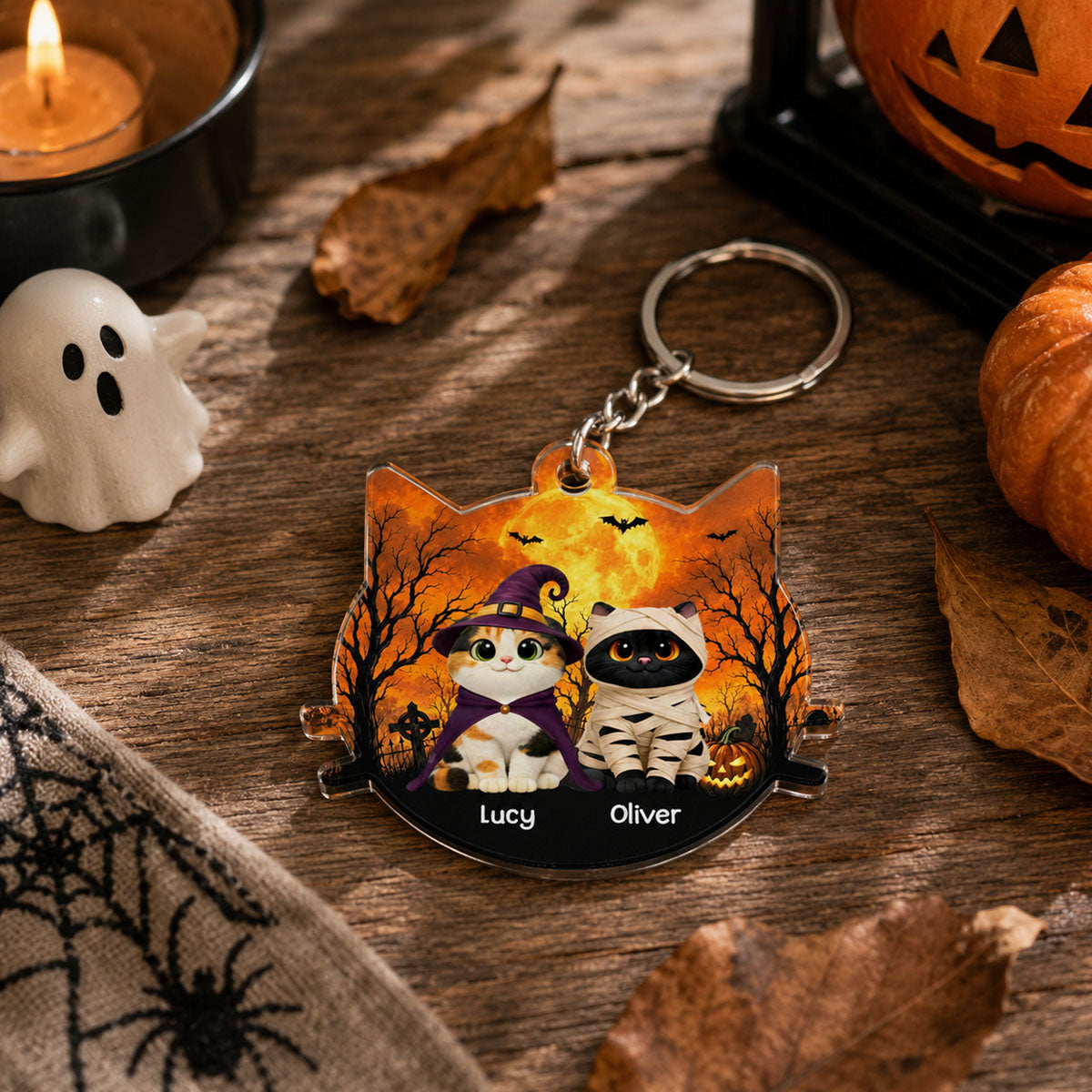 Halloween Cat Face Shaped - Personalized Acrylic Keychain - Halloween Gift For Cat Lovers