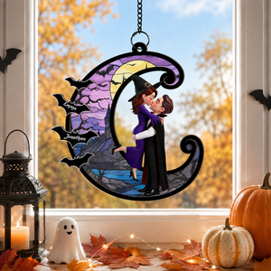 Halloween Couple Hugging Kissing On Moon Personalized Suncatcher, Halloween Decor