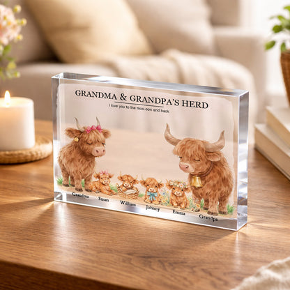 Grandma and Grandpa's Herd Highland Cow Family - Personalized Acrylic Plaque - Gift For Grandma, Gift For Grandpa, Gift For Family