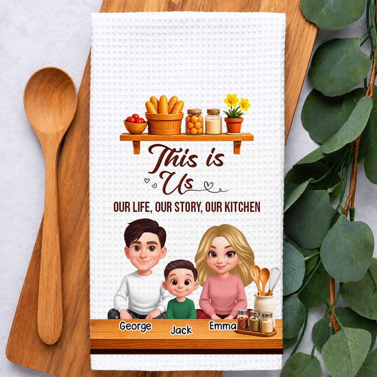 Our Life Our Story Our Kitchen - Personalized Name Waffle Weave Kitchen Towel, Housewarming Gift