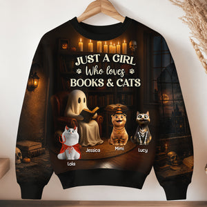 Just a Girl Who Loves Books and Cats Halloween Personalized Sweatshirt, Cozy Fall Sweatshirt for Cat Moms