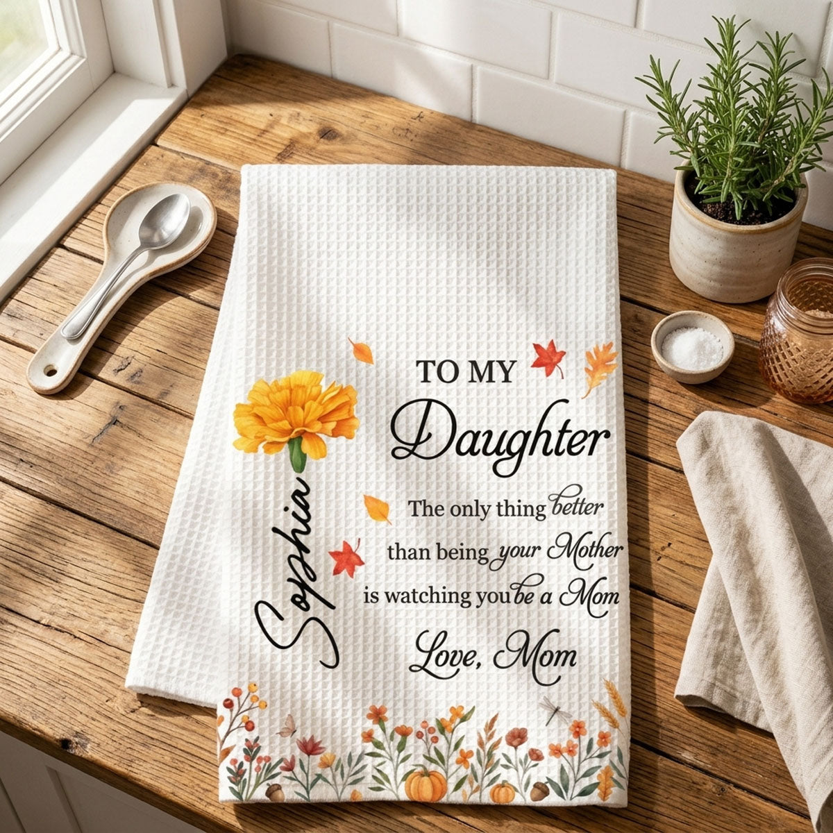 To My Daughter Purple Flower - Personalized Name Waffle Weave Kitchen Towel, Housewarming Gift