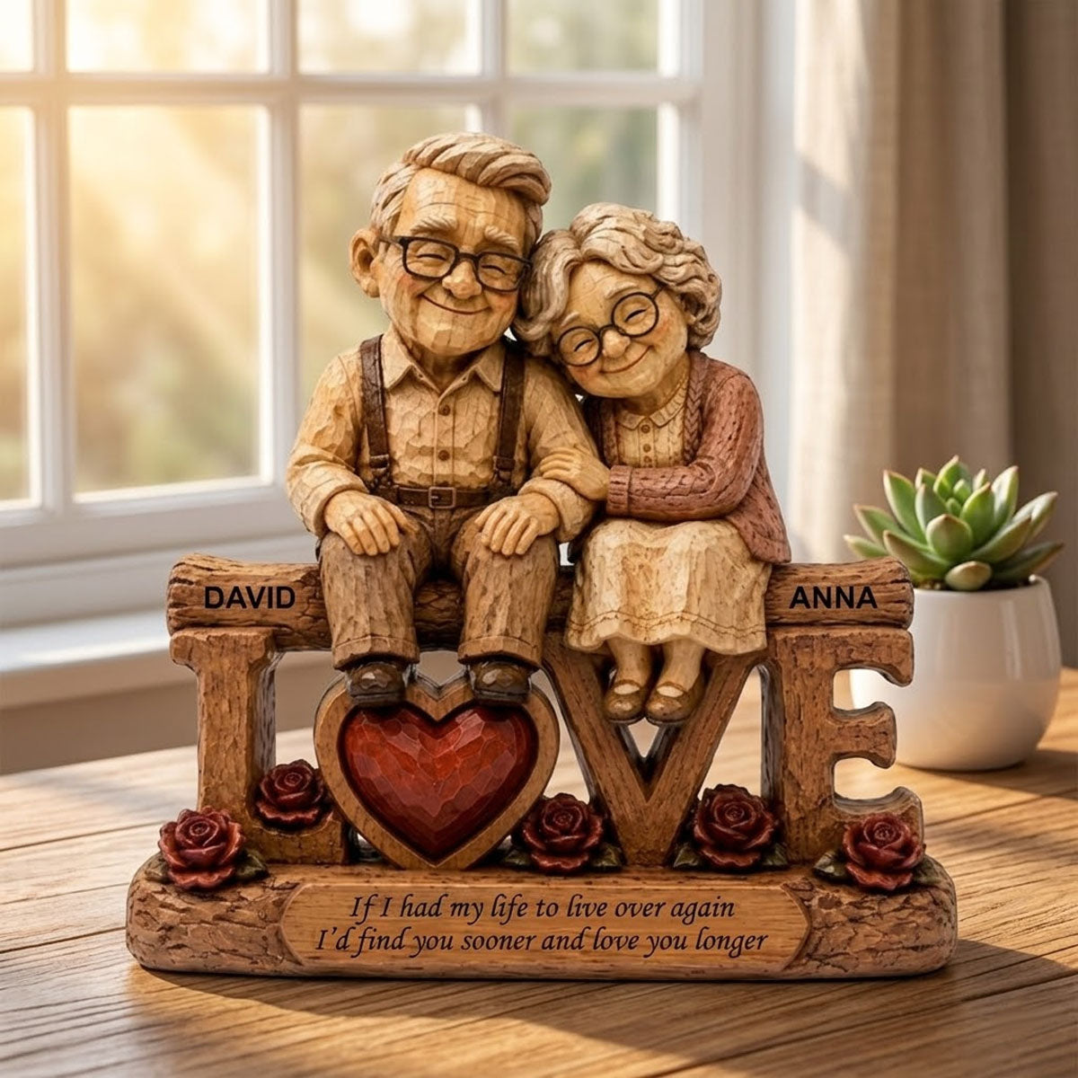 Personalized Elderly Couple Figurine - Personalized Wooden Love Block - Anniversary Gift for Parents & Grandparents