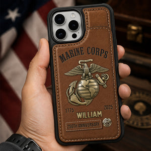 Personalized USMC 250th Anniversary Leather Wallet Phone Case