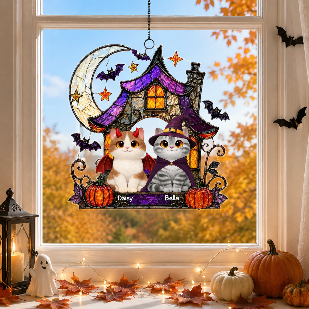 Halloween Haunted House Spooky Cats - Personalized Acrylic Suncatcher - Halloween Gift For Cat Lovers, Halloween Decor