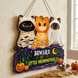 Spooky Halloween Beware of Little Cats Meownsters - Personalized Wood Sign - Halloween Gift For Cat Lovers, Halloween Decor
