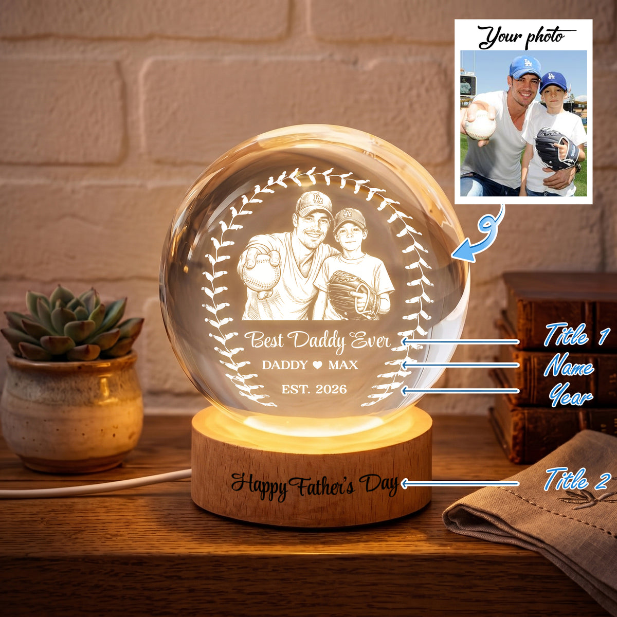 Custom Photo Baseball Dad LED Crystal Ball Lamp, Personalized Best Baseball Dad Ever Gift, Father s Day Coach Gift