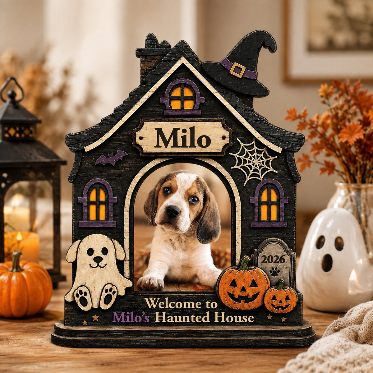 Personalized Spooky Pet House Plaque, Custom Dog Portrait Halloween Decoration, Unique Gift for Dog Moms & Dog Dads