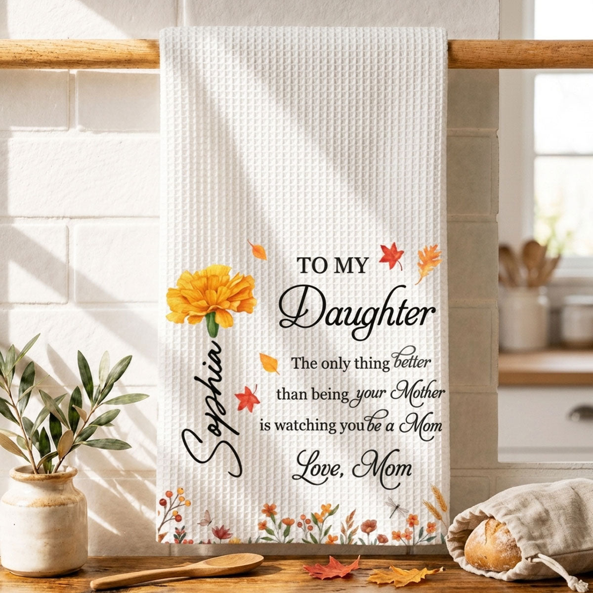 To My Daughter Purple Flower - Personalized Name Waffle Weave Kitchen Towel, Housewarming Gift