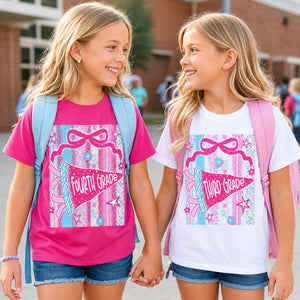 Retro Striped Floral Pennant Flag School Grade Coquette Png Bundle, Pre-K to 4th Grade - Back To School T-shirt