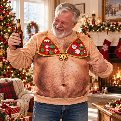Funny Hairy Chest Christmas Bikini Sweatshirt, Ugly Christmas Sweater, Hilarious Adult Holiday Party Gift