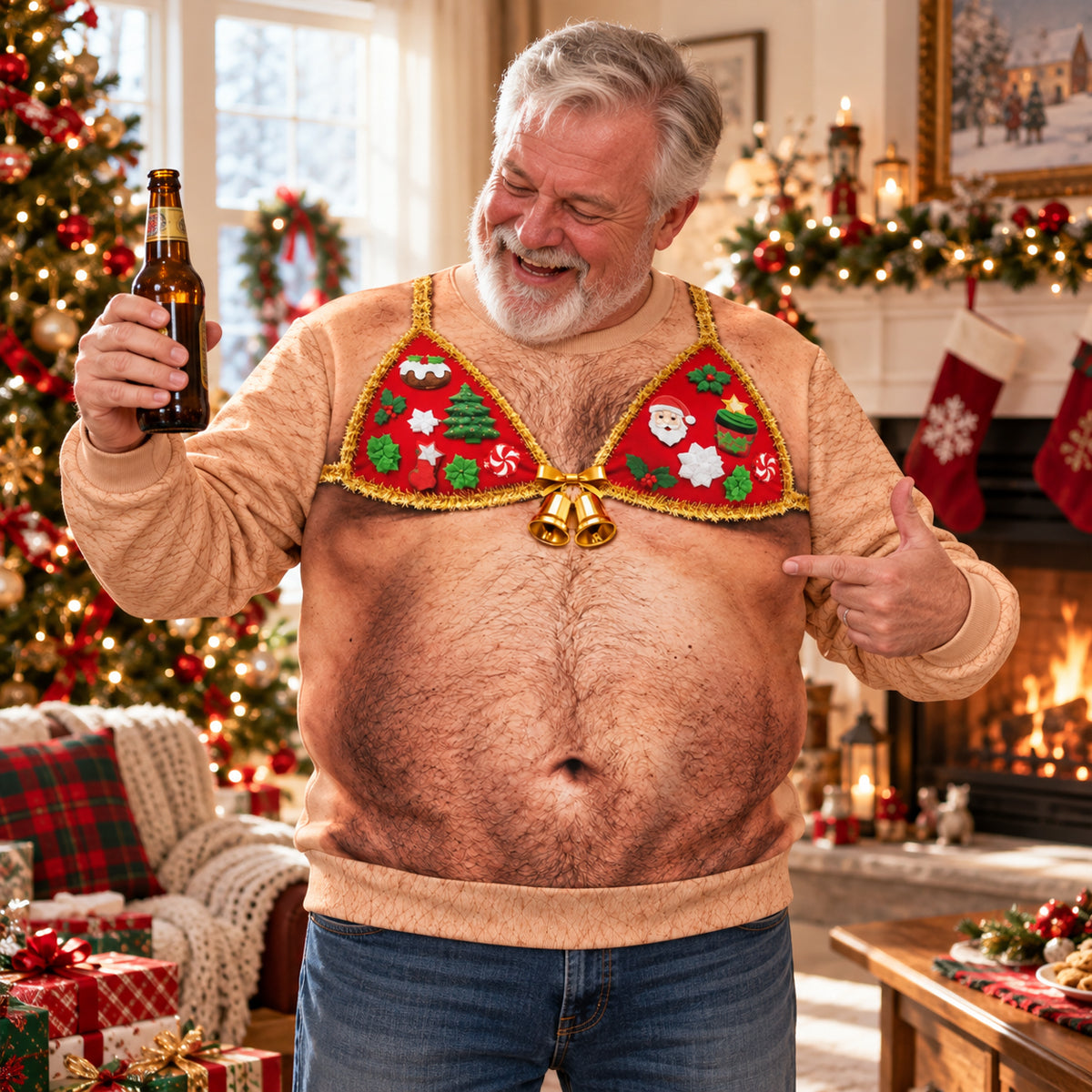 Funny Hairy Chest Christmas Bikini Sweatshirt, Ugly Christmas Sweater, Hilarious Adult Holiday Party Gift