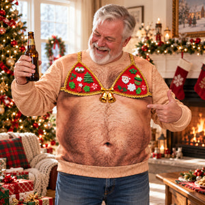 Funny Hairy Chest Christmas Bikini Sweatshirt, Ugly Christmas Sweater, Hilarious Adult Holiday Party Gift