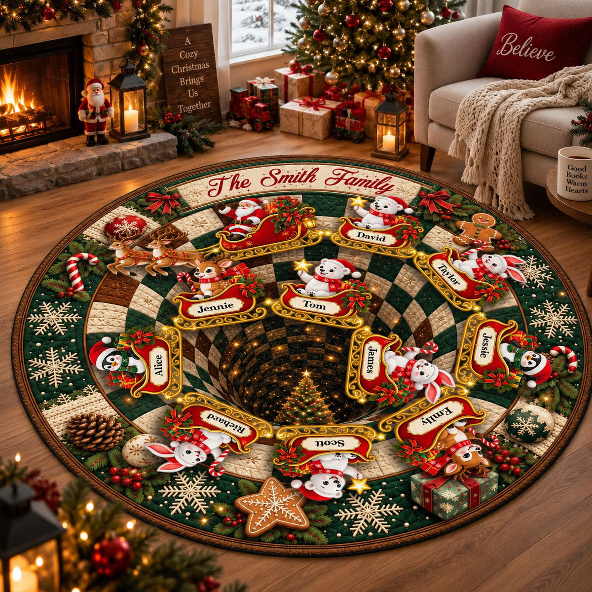 Our Sleigh Crew Flies Together 3D Illusion Quilted Rug - Personalized Quilted Mat