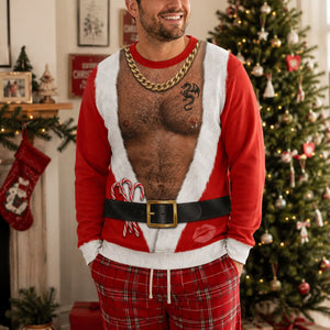 Santa Fake Abs Hairy 3D Sweatshirt, Funny Santa Claus Ugly Christmas Sweatshirt, Gag Gift for Husband, Cute 3D Holiday Sweater