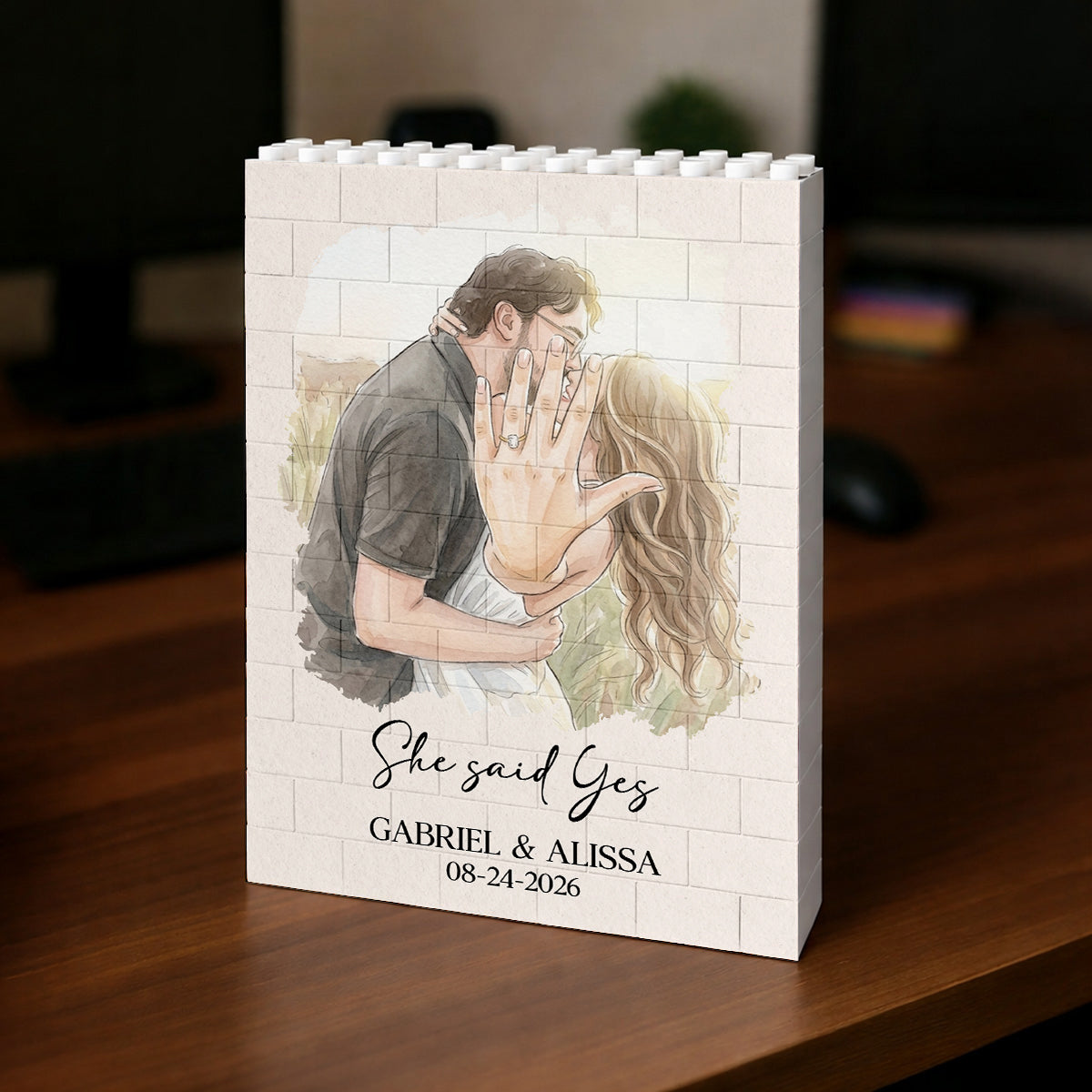 Watercolor Couple Family Portrait - Personalized Shaped Building Brick Blocks - Wedding Gifts