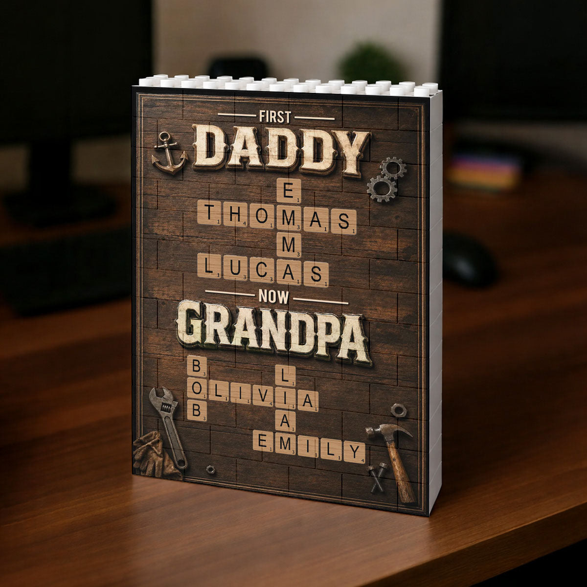 First Dad Now Grandpa Crossword Puzzle Art - Personalized Shaped Building Brick Blocks
