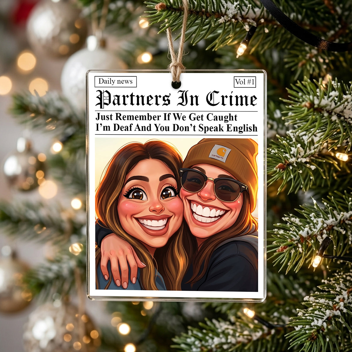 Partners In Crime - Daily News - Friendship Funny Gifts - Personalized Caricature Photo Ornament