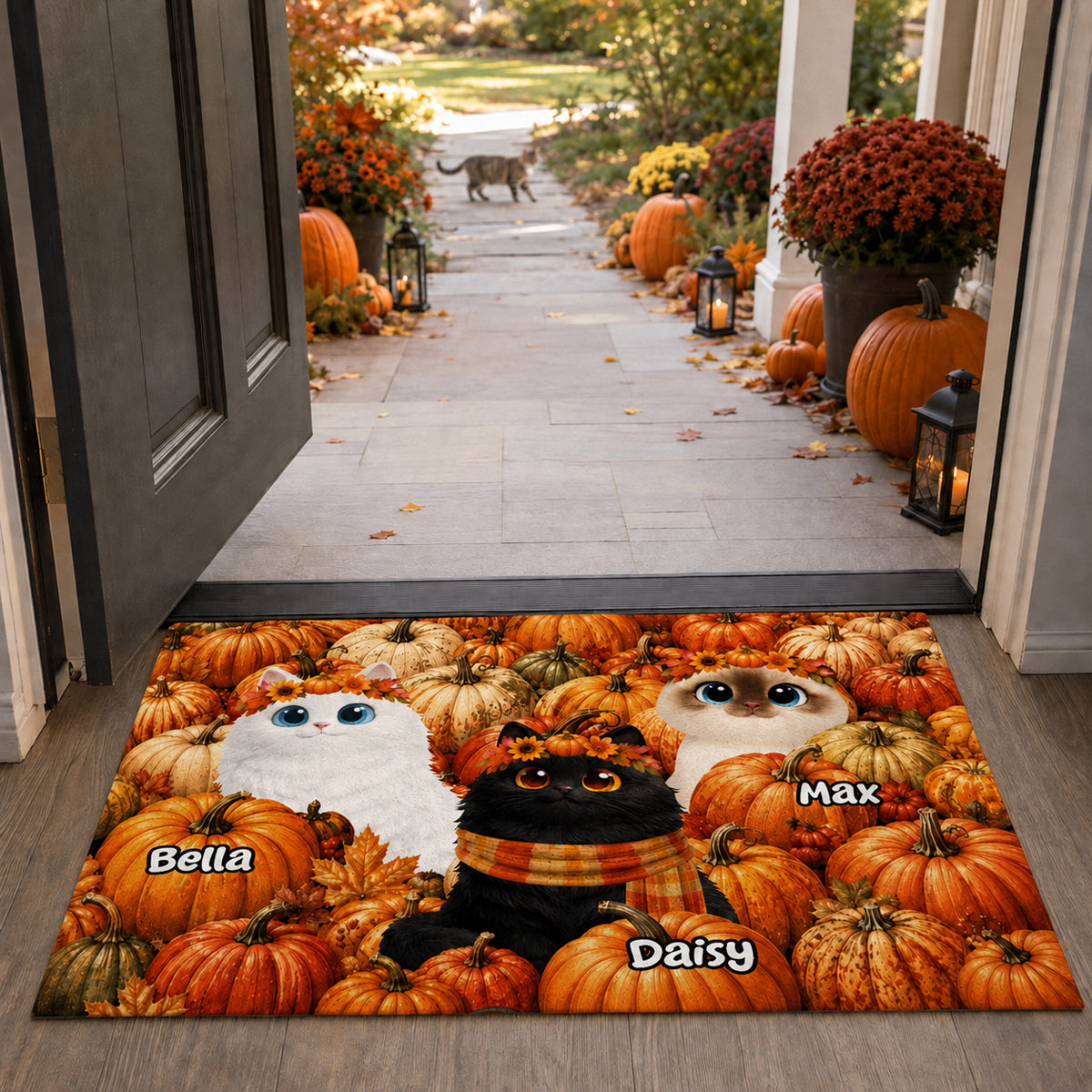 Fall Season Cute Cats In Pumpkin Patch - Personalized Doormat - Fall Decor For Cat Lovers