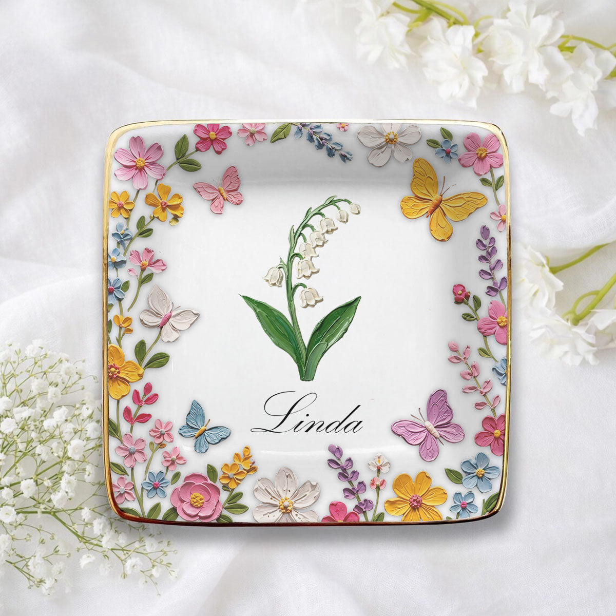 Garden Of Birth Month Flowers, Personalized Ceramic Jewelry Plate, Gift For Mom