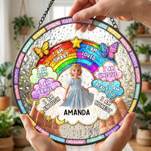 Custom Photo I Am Smart Kind Brave Butterfly Flower Rainbow - Personalized Stained Glass Window Hanging Suncatcher