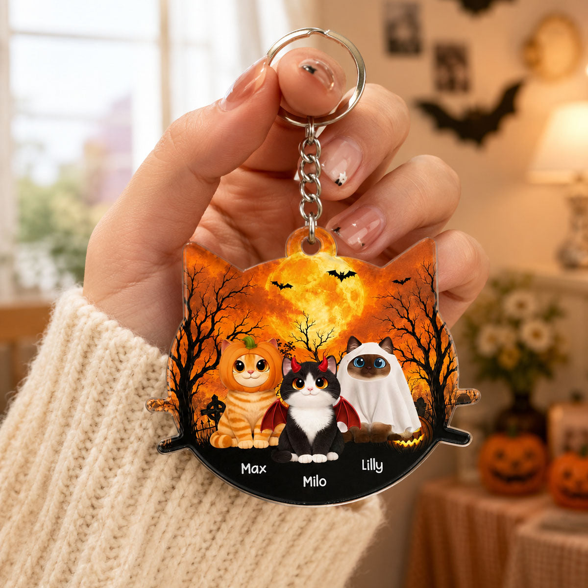 Halloween Cat Face Shaped - Personalized Acrylic Keychain - Halloween Gift For Cat Lovers