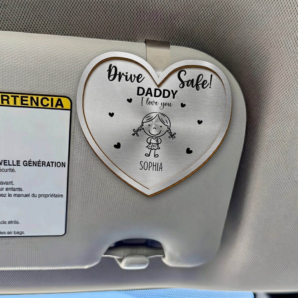Drive Safe Daddy Kid Stick Figures Heart Shaped - Personalized Custom Shaped Car Visor Clip