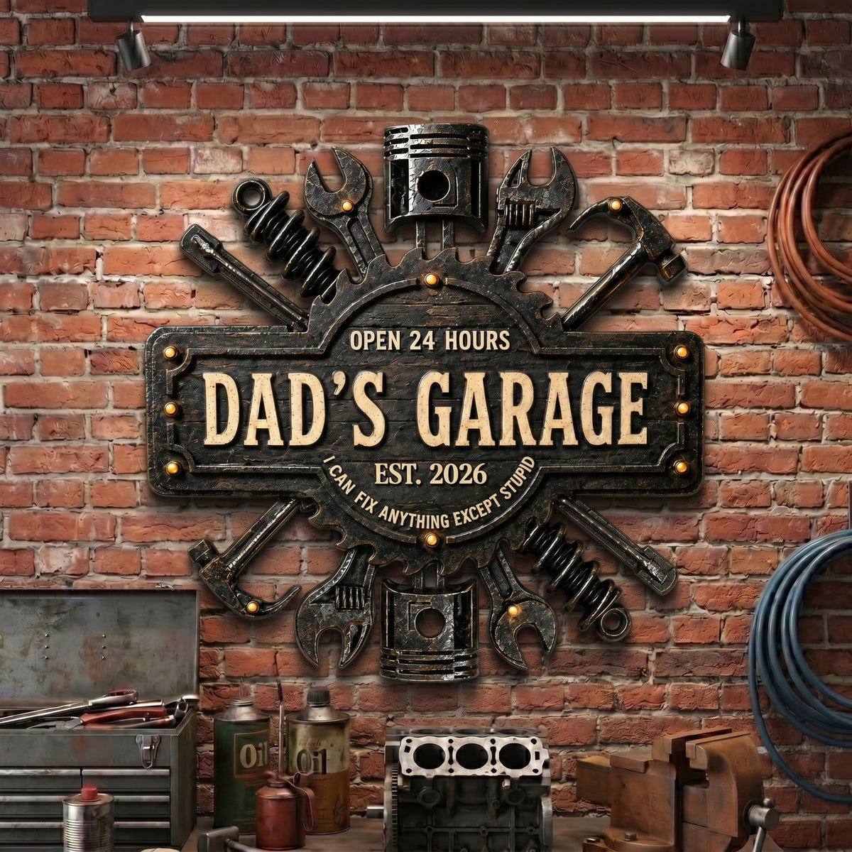 Dad's Garage I Can Fix Anything - Personalized Round Wood Sign