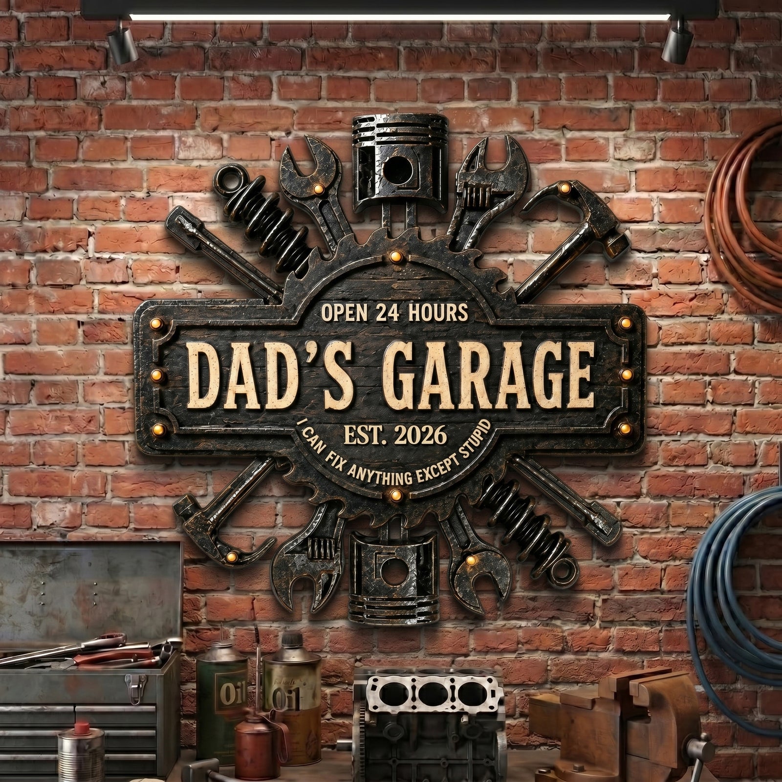 Dad's Garage I Can Fix Anything - Personalized Round Wood Sign