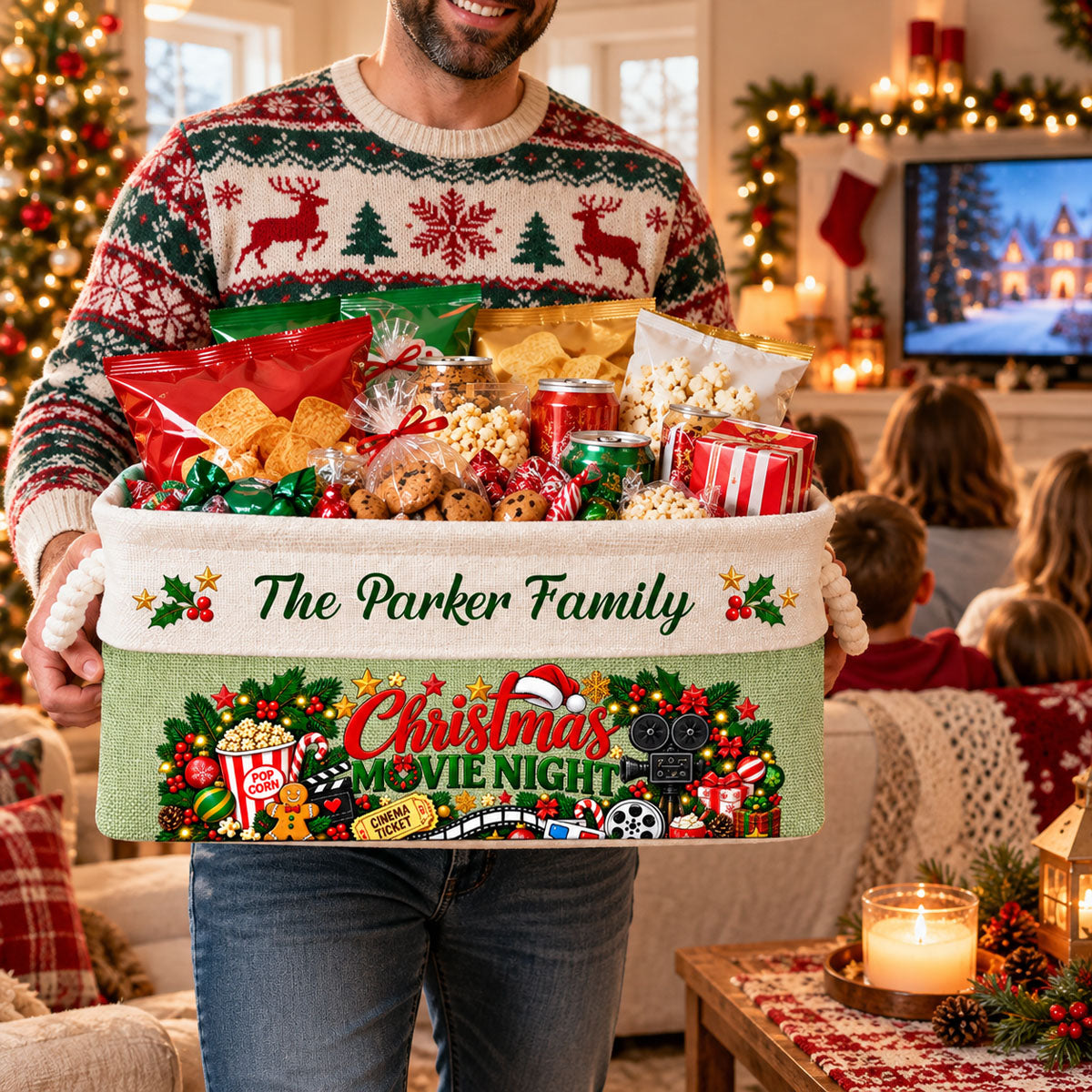 Christmas Movie Night Basket - Supplies Snack Storage Basket With Handles - Personalized Storage Basket
